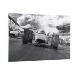 Obraz na szkle - Wyścig klasycznych samochodów na torze w czerni i bieli - 120x80cm - Jest moc! - Nowoczesna dekoracja ścienna do salonu, kuchni i sypialni ARTTOR