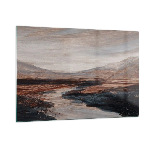 Obraz na szkle - Malownicza dolina z rzeką w odcieniach brązu i błękitu - 120x80cm - Spokojna dolina - Nowoczesna dekoracja ścienna do salonu, kuchni i sypialni ARTTOR