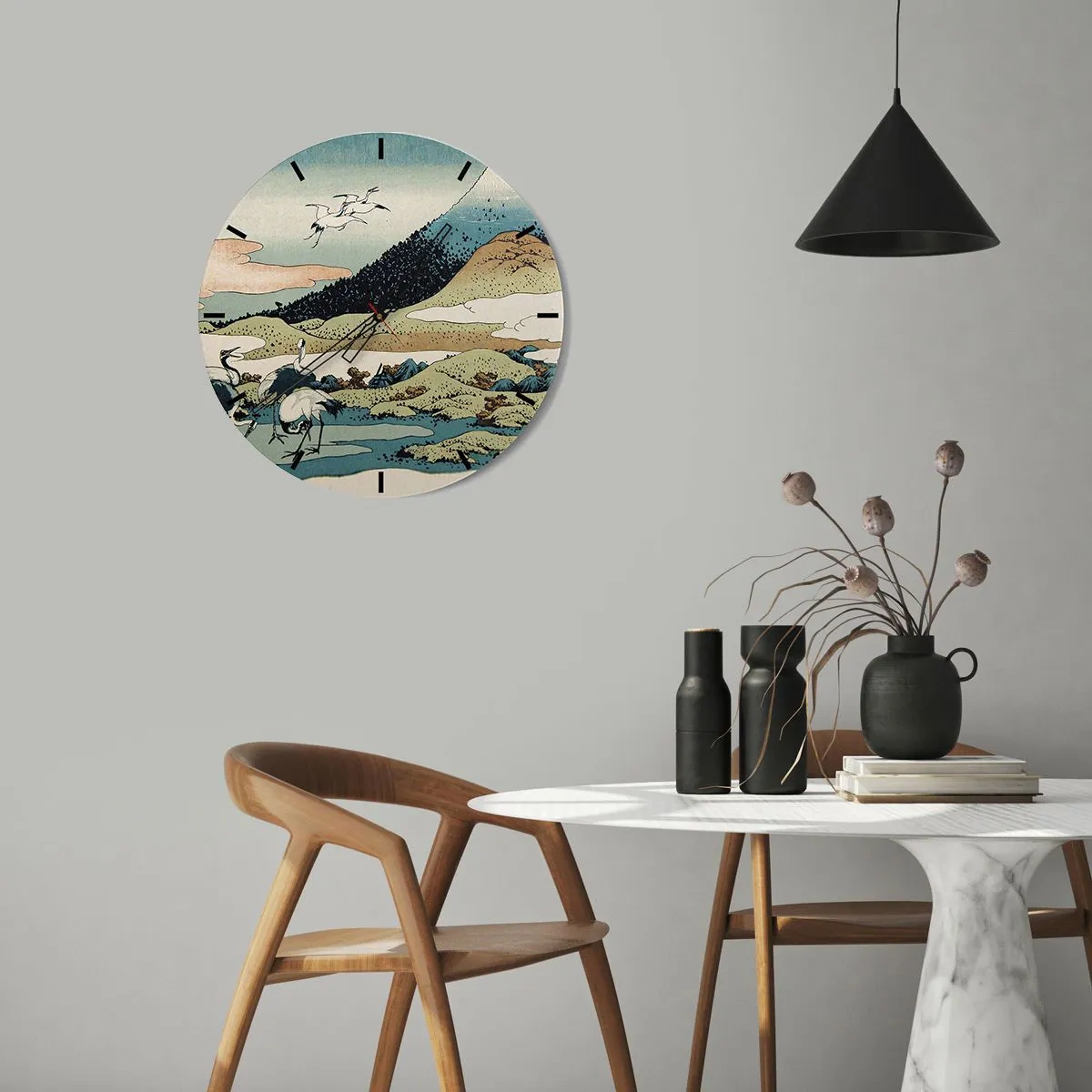 Zegar ścienny - Japońska scena z ptakami na tle górskiego krajobrazu - 30x30cm - W japońskim duchu - Nowoczesna dekoracja ścienna do salonu, kuchni i sypialni ARTTOR