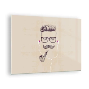 Obraz na szkle - Rysunek stylizowanego mężczyzny z okularami, wąsem i fajką - 70x50cm - Prawdziwy mężczyzna? - Nowoczesna dekoracja ścienna do salonu i sypialni ARTTOR