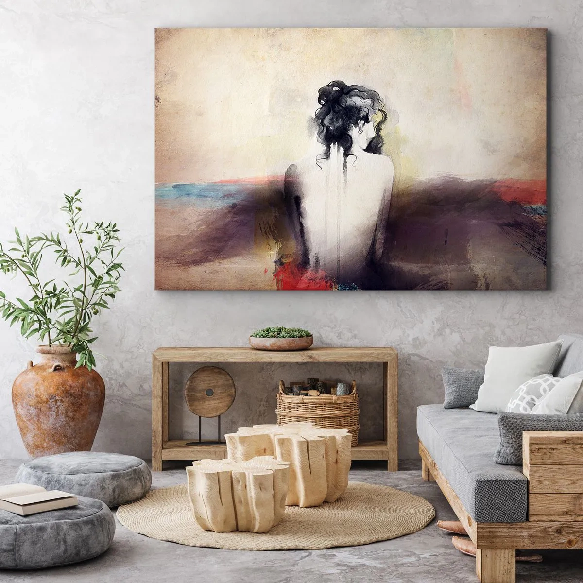 Obraz na płótnie - Subtelny portret kobiety w artystycznym stylu - 70x50cm - Łagodne linie, owalne kształty - Nowoczesna dekoracja ścienna do salonu i sypialni ARTTOR