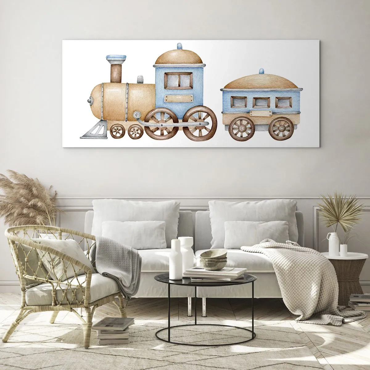 Obraz na szkle - Rysunek pociągu w pastelowych odcieniach na białym tle - 160x50cm - Stoi na stacji... - Nowoczesna dekoracja ścienna do salonu i sypialni ARTTOR