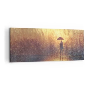 Obraz na płótnie - Postać z parasolem w mglistym krajobrazie pełnym refleksji - 120x50cm - Czuję, że ktoś na mnie patrzy - Nowoczesna dekoracja ścienna do salonu i sypialni ARTTOR