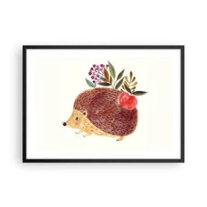 Plakat w czarnej ramie - Uroczy jeżyk z jabłkiem i roślinami w ilustracyjnym stylu - 70x50cm - I już mnie lubisz - Nowoczesna dekoracja ścienna do salonu i sypialni ARTTOR