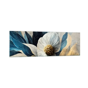 Obraz na szkle - Kwiat z błękitnymi liśćmi na eleganckim tle - 160x50cm - Ma złote serce - Nowoczesna dekoracja ścienna do salonu i sypialni ARTTOR