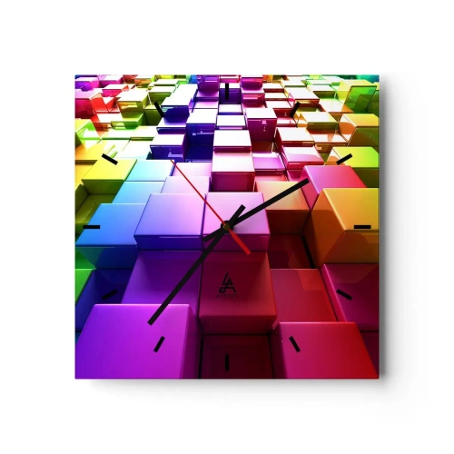 Zegar ścienny - Kolorowe geometryczne kostki 3D - 30x30cm - Op-artowe wespół w zespół - Nowoczesna dekoracja ścienna do salonu i sypialni ARTTOR