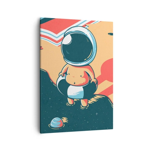 Obraz na płótnie - Astronauta w kąpielówkach z kołem do pływania na tle kosmosu - 50x70cm - Z innej perspektywy - Nowoczesna dekoracja ścienna do salonu, kuchni i sypialni ARTTOR