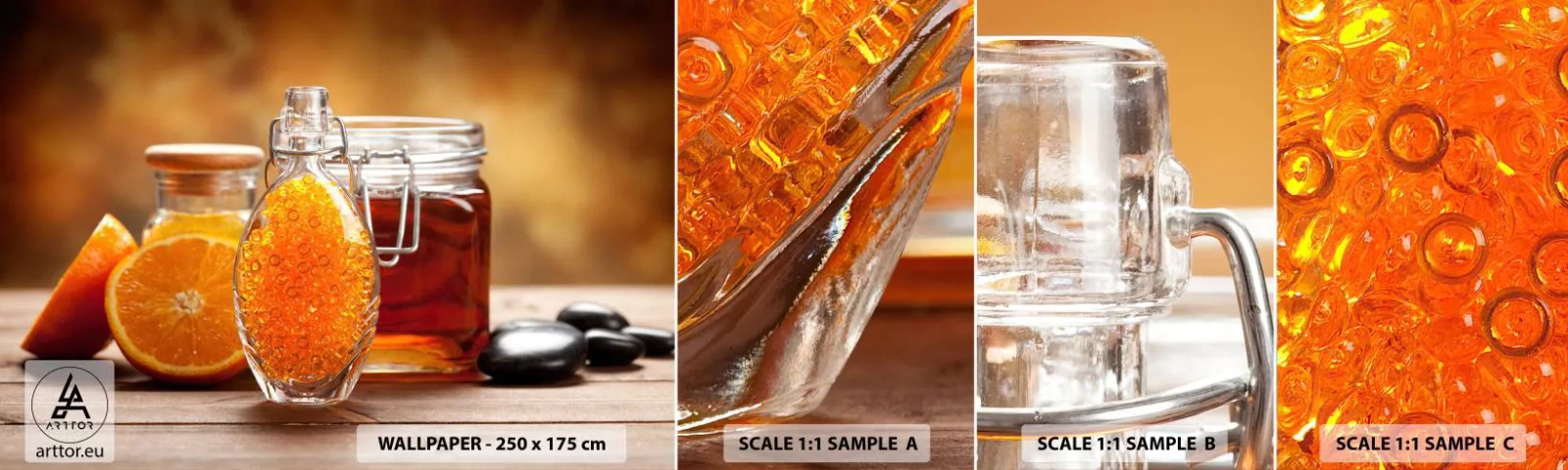 Fototapeta Próbka Samoprzylepna Deluxe Sticker - Słoneczne smaki i aromaty - Gastronomia, Pomarańcza, Słoik Z Miodem - 100x30 cm