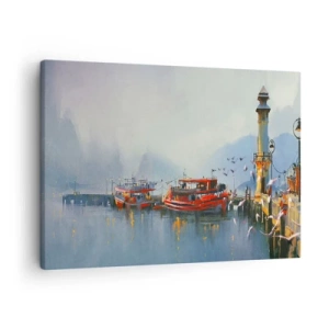 Obraz na płótnie - Port z czerwonymi łodziami otoczony mglistym pejzażem - 70x50cm - Na końcu świata - Nowoczesna dekoracja ścienna do salonu i sypialni ARTTOR