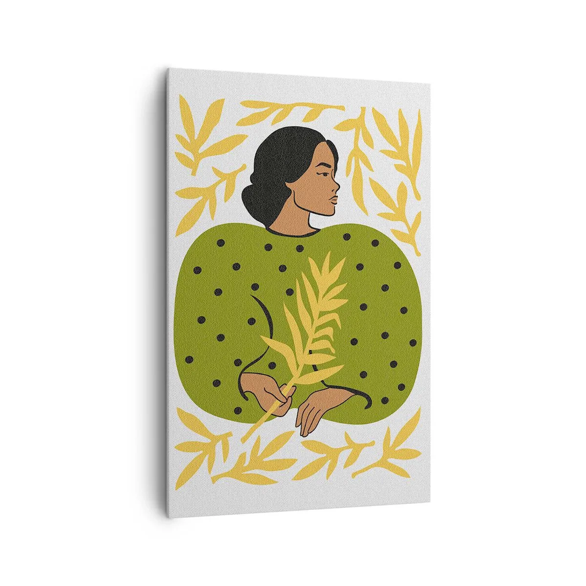 Obraz na płótnie - Kobieta w zielonej sukni z liściastym motywem na jasnym tle - 80x120cm - Hawajska dziewczyna - Nowoczesna dekoracja ścienna do salonu i sypialni ARTTOR