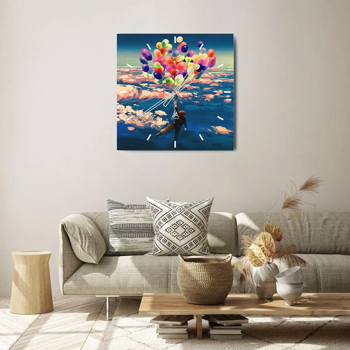 Zegar ścienny - Postać unosząca się z kolorowymi balonami ponad chmurami - 30x30cm - Spełnione marzenie dzieciństwa - Nowoczesna dekoracja ścienna do salonu i sypialni ARTTOR