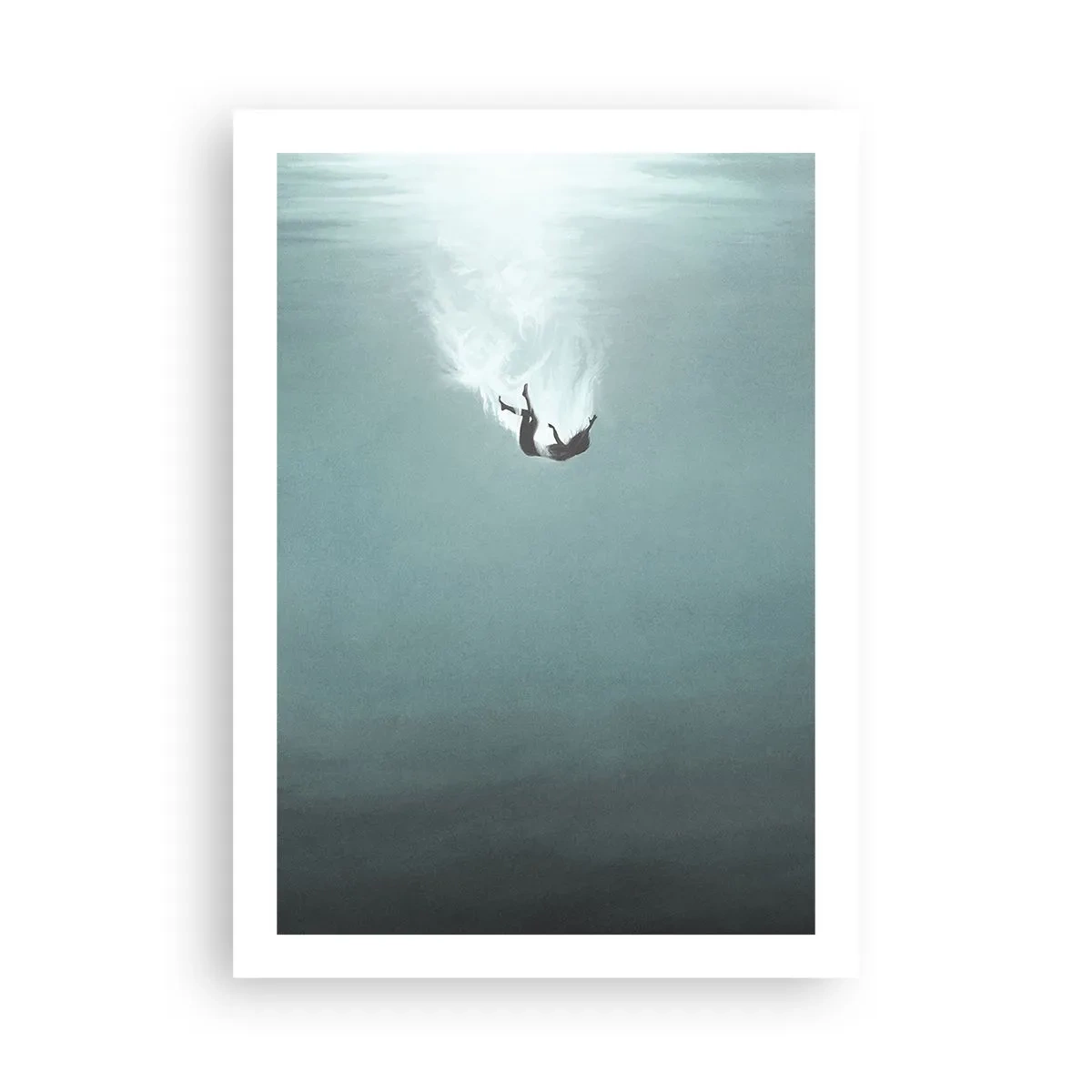 Plakat - Sylwetka człowieka opadającego w głębię wody - 50x70cm - W objęciach oceanu - Nowoczesna dekoracja ścienna do salonu, kuchni i sypialni ARTTOR