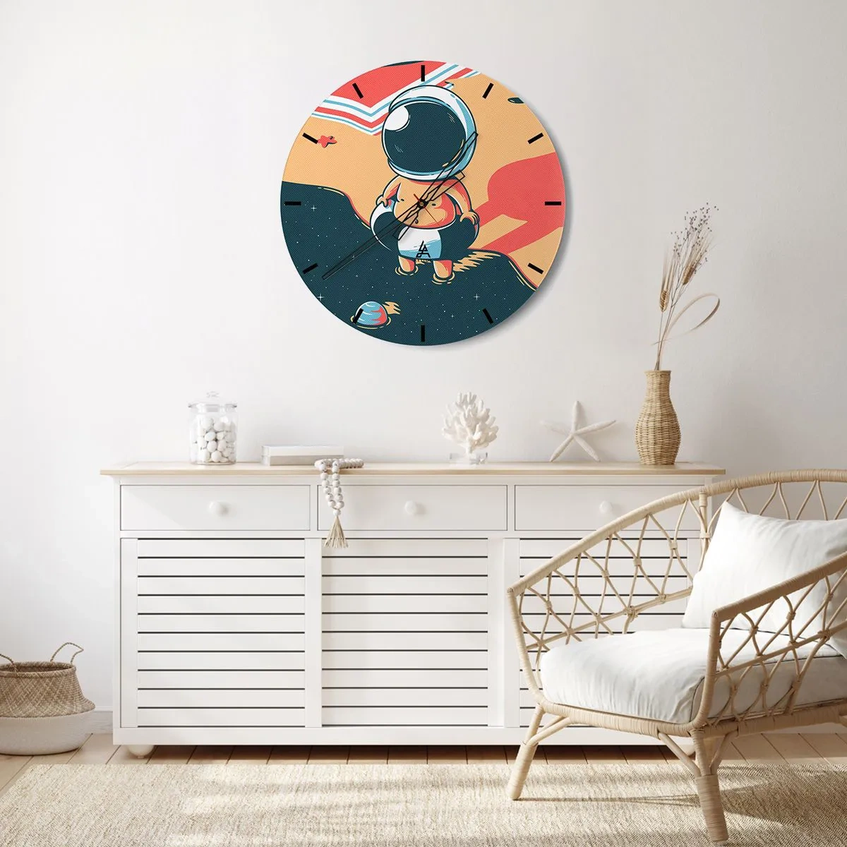 Zegar ścienny - Astronauta na tle kosmosu w stylu retro - 30x30cm - Z innej perspektywy - Nowoczesna dekoracja ścienna do salonu, kuchni i sypialni ARTTOR