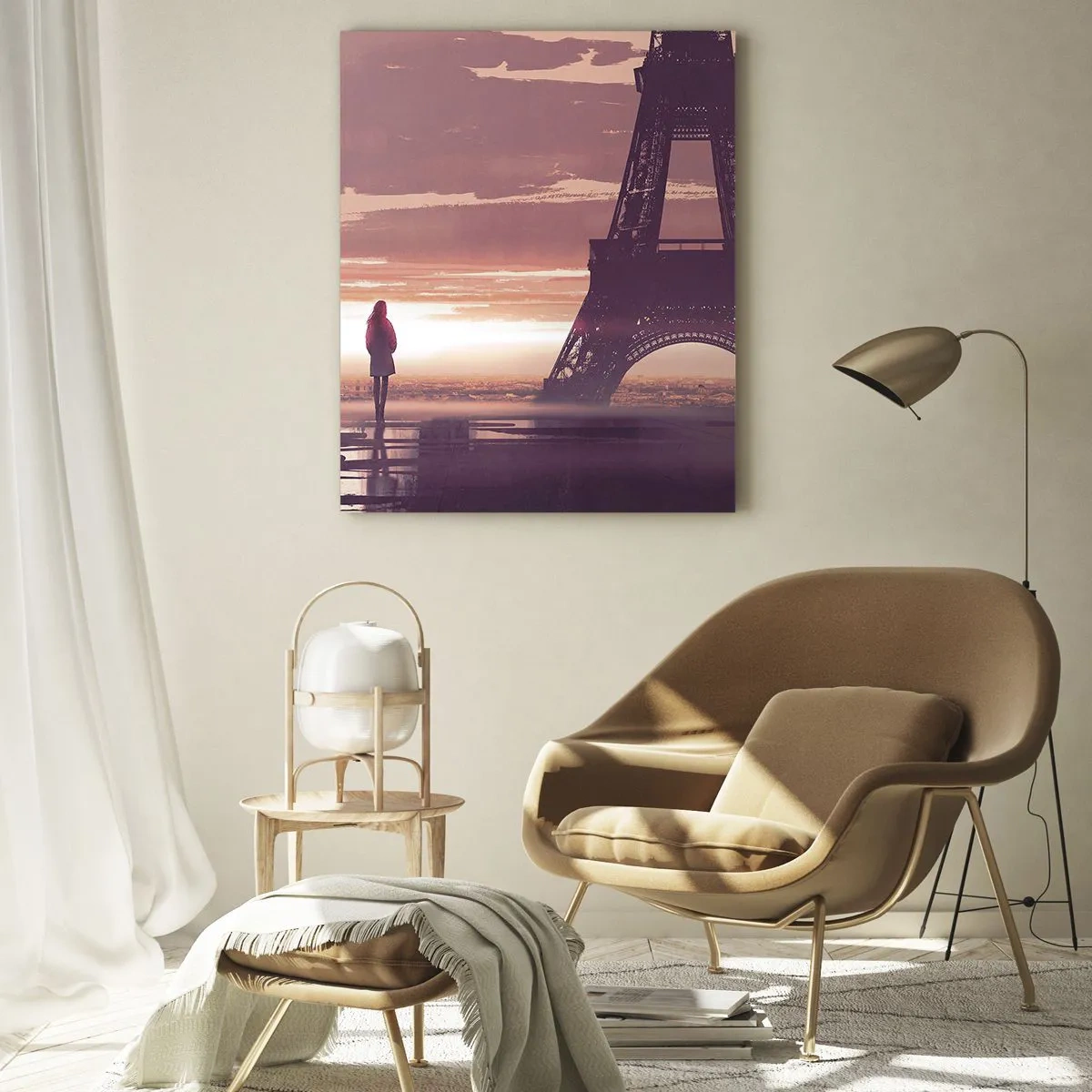 Obraz na szkle - Wieża Eiffla o zachodzie słońca z sylwetką osoby - 50x70cm - Tylko one dwie - Nowoczesna dekoracja ścienna do salonu, kuchni i sypialni ARTTOR