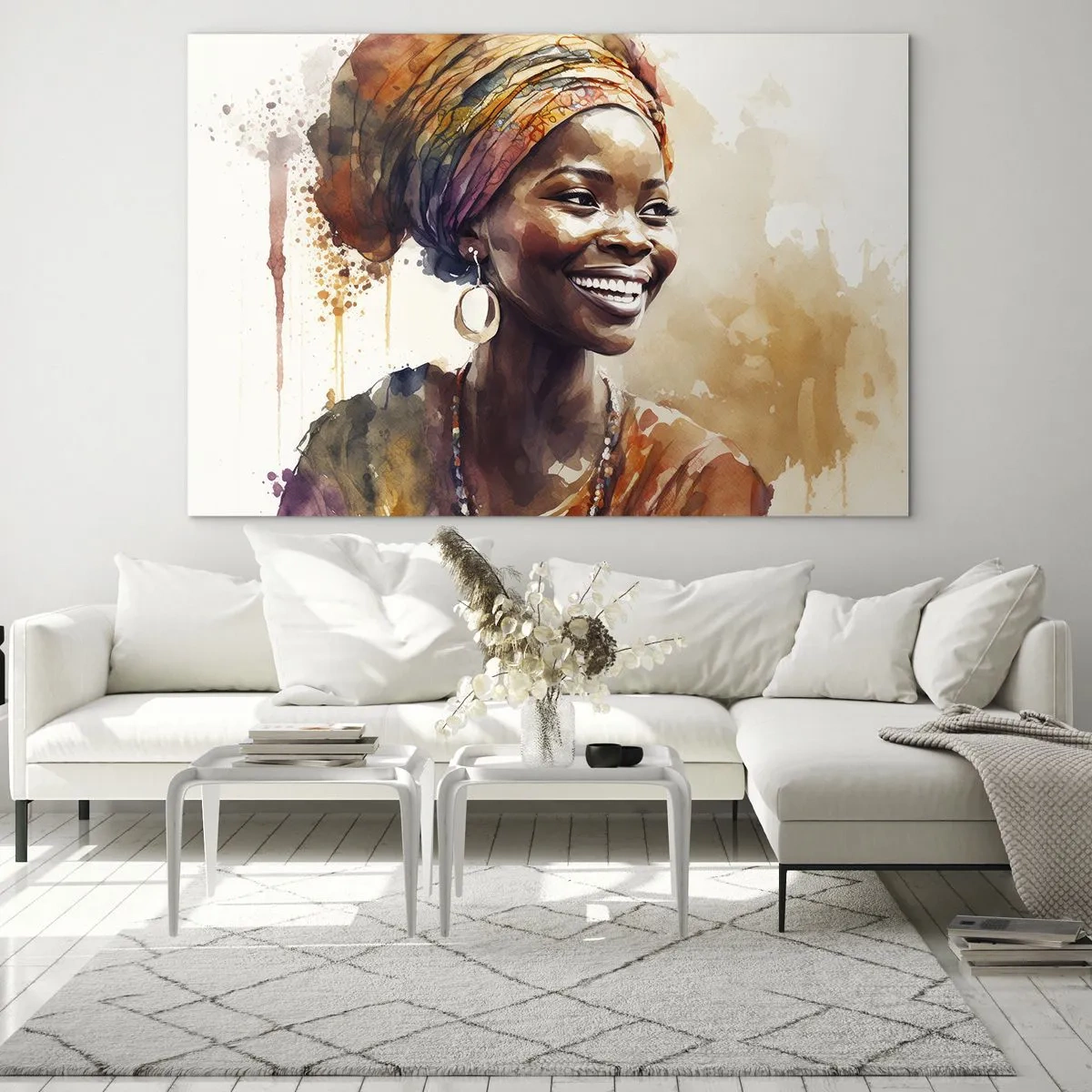 Obraz na szkle - Portret uśmiechniętej kobiety w turbanie w stylu akwareli - 70x50cm - Afrykańska królowa - Nowoczesna dekoracja ścienna do salonu i sypialni ARTTOR