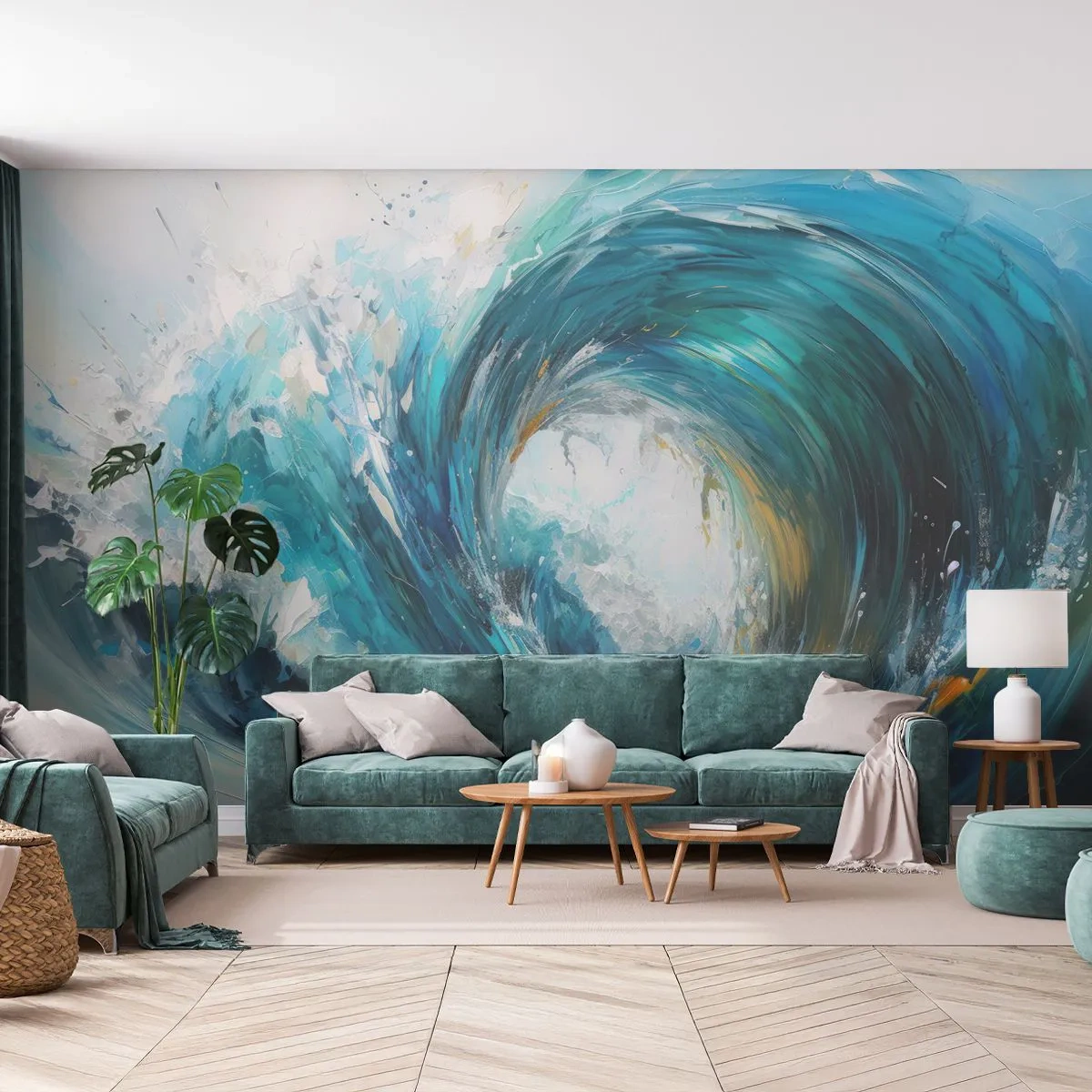 Fototapeta Premium Sand - Abstrakcyjna fala w odcieniach turkusu i błękitu - 100x70cm - Morski portal - Nowoczesna dekoracja ścienna do salonu, kuchni i sypialni ARTTOR