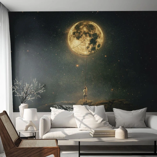 Fototapeta Premium Canvas - Człowiek z Księżycem na tle gwieździstego nieba - 100x70cm - Jeden taki, co ukradł Księżyc - Nowoczesna dekoracja ścienna do salonu i sypialni ARTTOR