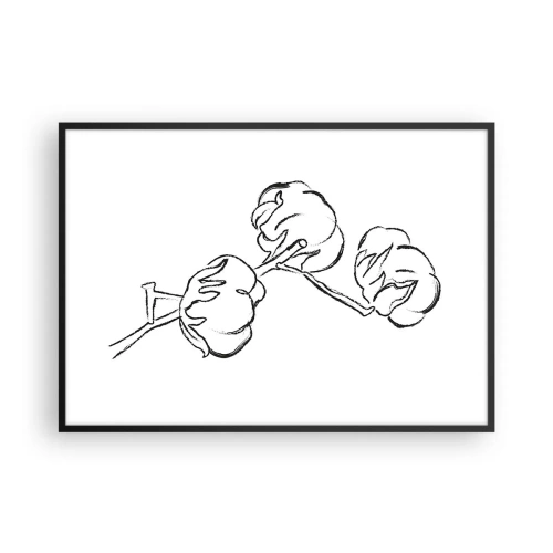 Plakat w czarnej ramie - Delikatny kontur gałązki bawełny na białym tle - 100x70cm - Bawełniany puch - Nowoczesna dekoracja ścienna do salonu i sypialni ARTTOR