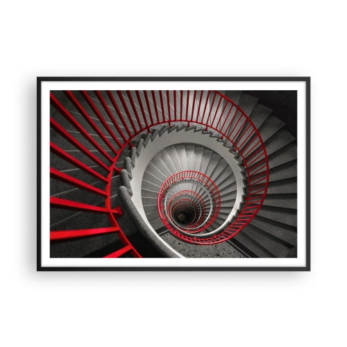 Plakat w czarnej ramie - Spiralne schody z czerwonymi poręczami w dynamicznej perspektywie - 100x70cm - Zabawy architektury - Nowoczesna dekoracja ścienna do salonu i sypialni ARTTOR