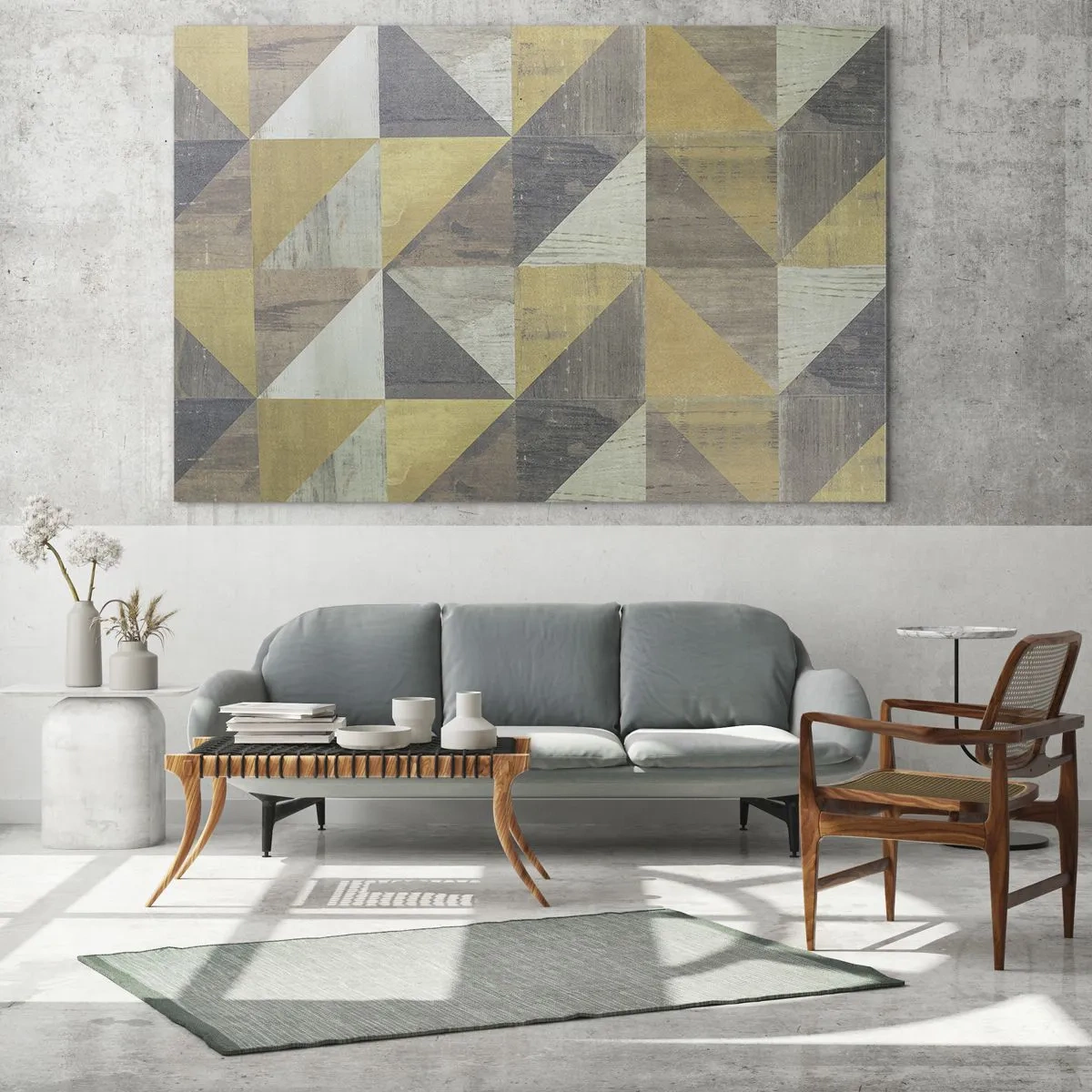 Obraz na szkle - Geometryczna kompozycja trójkątów w odcieniach ziemi - 120x50cm - Pod kątem trójkąta - Nowoczesna dekoracja ścienna do salonu i sypialni ARTTOR