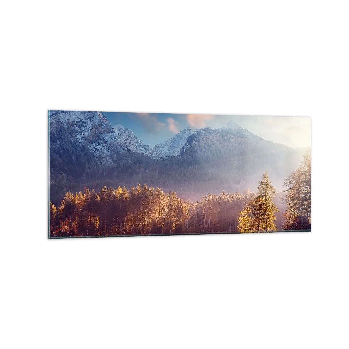 Obraz na szkle - Malowniczy widok na górski las i jezioro o świcie - 120x50cm - W górach i dolinach - Nowoczesna dekoracja ścienna do salonu i sypialni ARTTOR