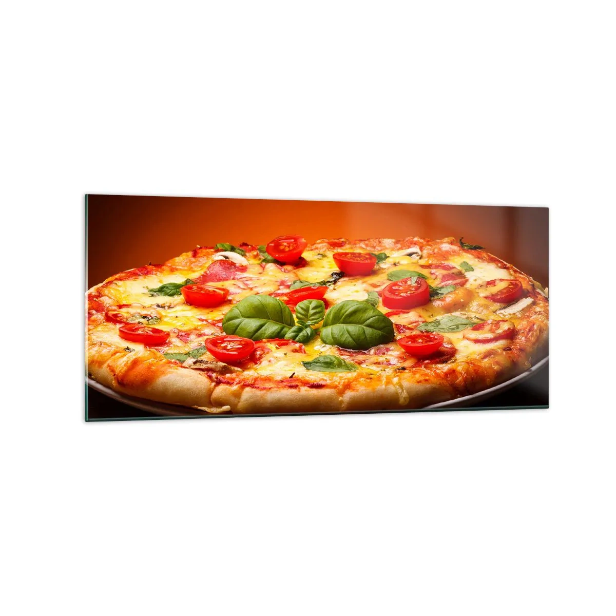 Obraz na szkle - Pizza z pomidorami i bazylią na drewnianym stole - 120x50cm - Mamma mia! - Nowoczesna dekoracja ścienna do salonu i sypialni ARTTOR