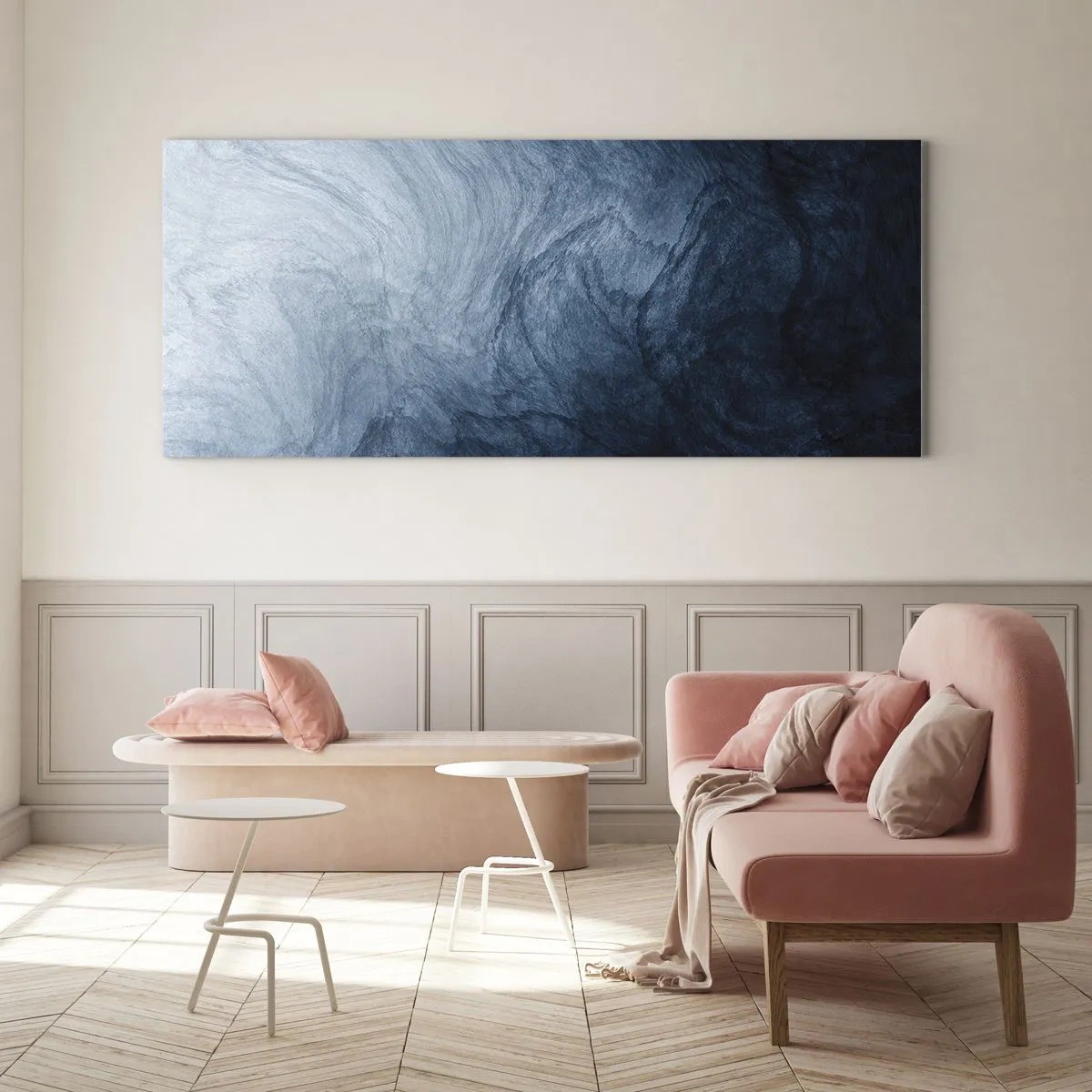 Obraz na szkle - Abstrakcyjna kompozycja w odcieniach błękitu i granatu - 120x50cm - W głąb sięgnąć - Nowoczesna dekoracja ścienna do salonu i sypialni ARTTOR