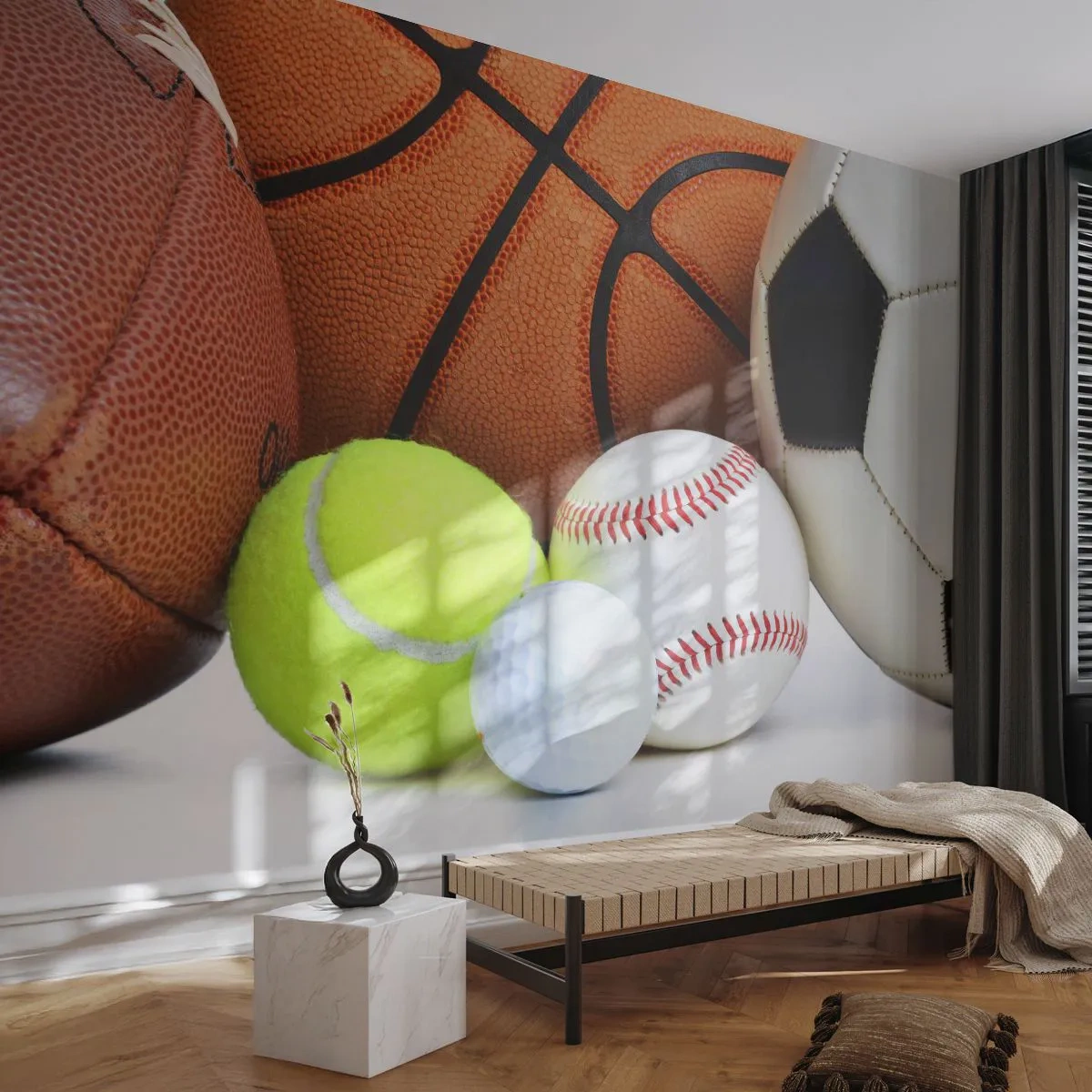 Fototapeta Premium Sand - Zestaw różnych piłek sportowych na białym tle - 100x70cm - Łączy nas piłka! - Nowoczesna dekoracja ścienna do salonu, kuchni i sypialni ARTTOR