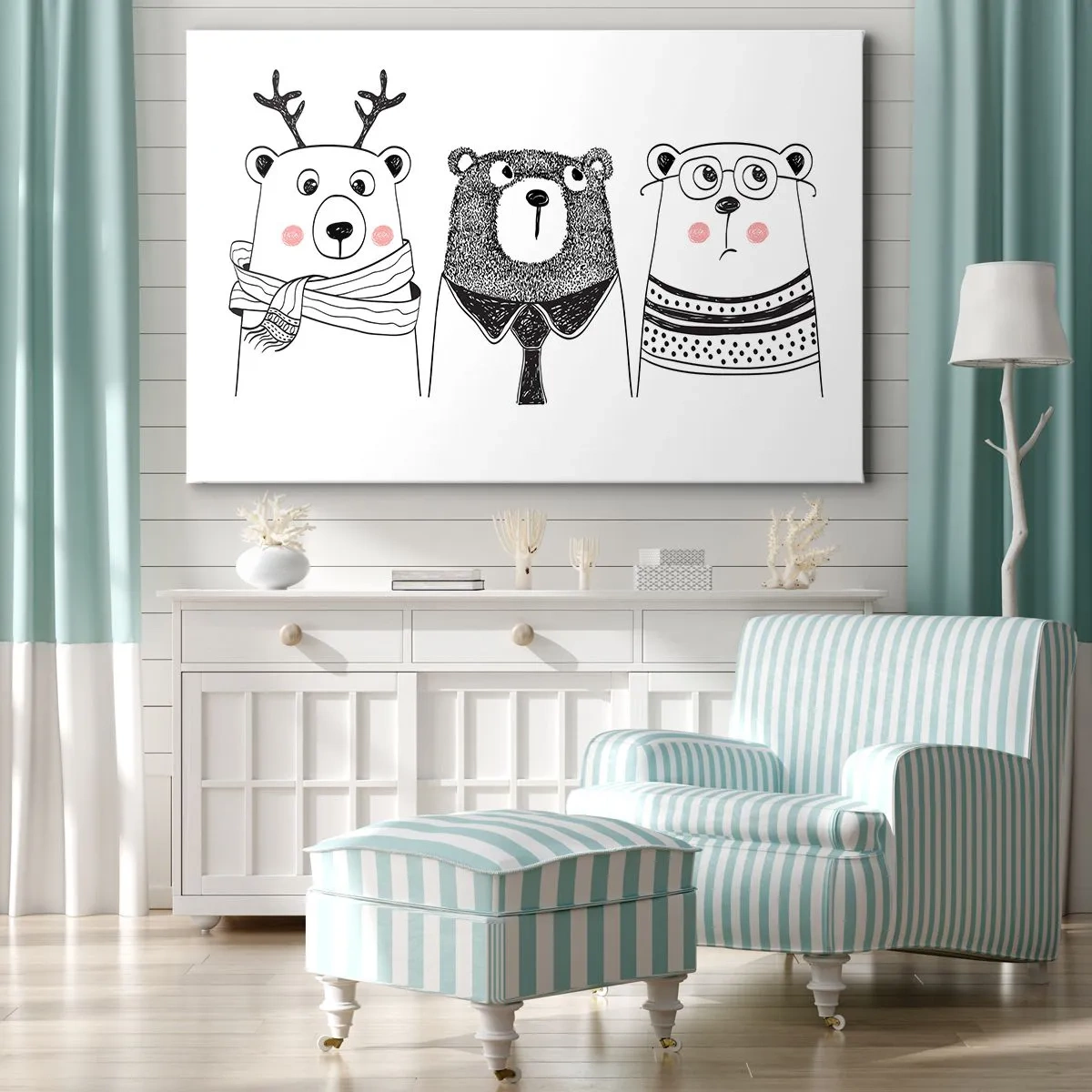 Obraz na płótnie - Trzy zabawne niedźwiedzie w minimalistycznym stylu - 70x50cm - Miś, misiaczek i misio - Nowoczesna dekoracja ścienna do salonu i sypialni ARTTOR