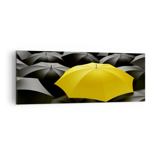 Obraz na płótnie - Żółty parasol wśród czarnych parasoli - 140x50cm - Żegnaj smutku - Nowoczesna dekoracja ścienna do salonu i sypialni ARTTOR