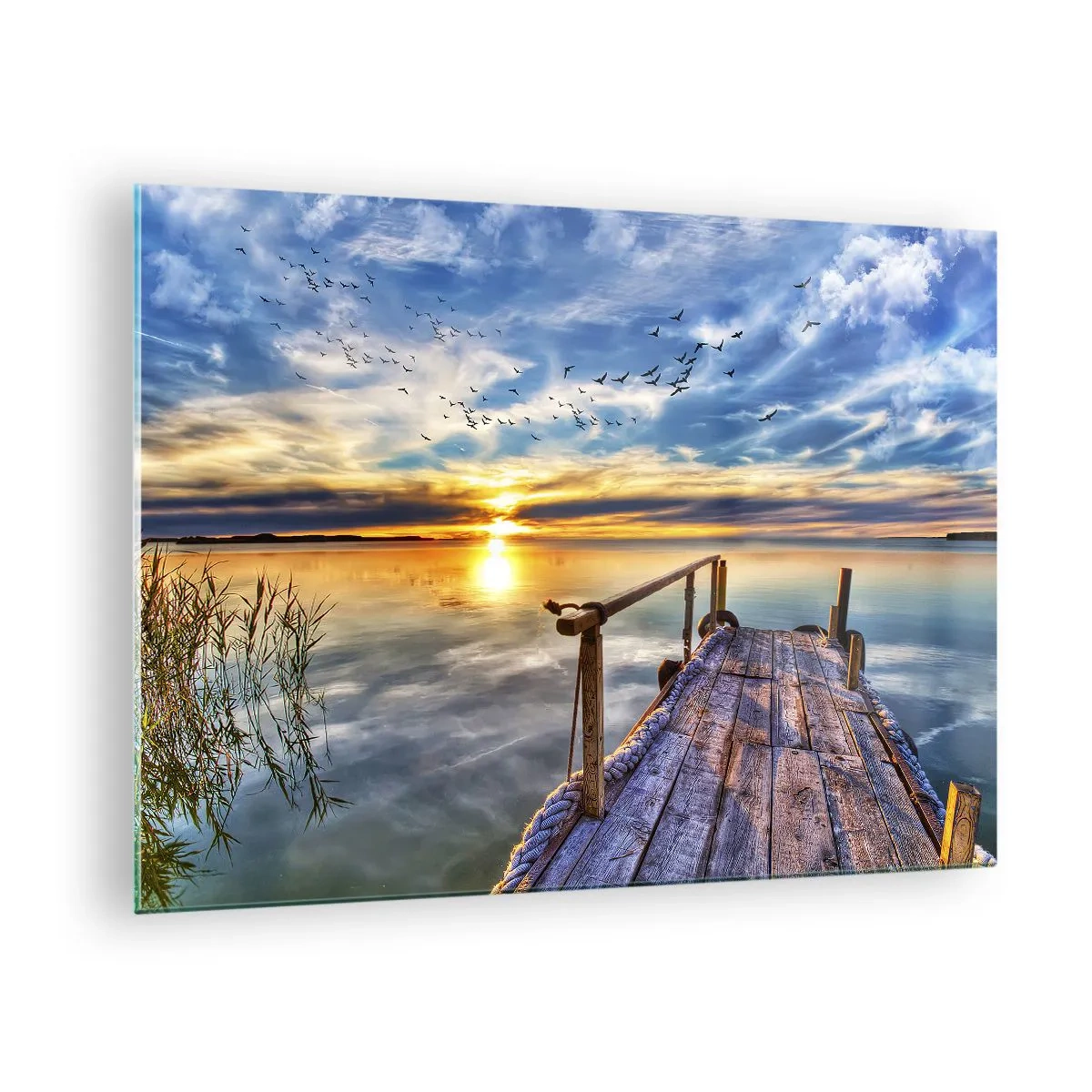 Obraz na szkle - Pomost nad jeziorem o zachodzie słońca z ptakami na niebie - 70x50cm - Wiatr idzie na spoczynek - Nowoczesna dekoracja ścienna do salonu i sypialni ARTTOR