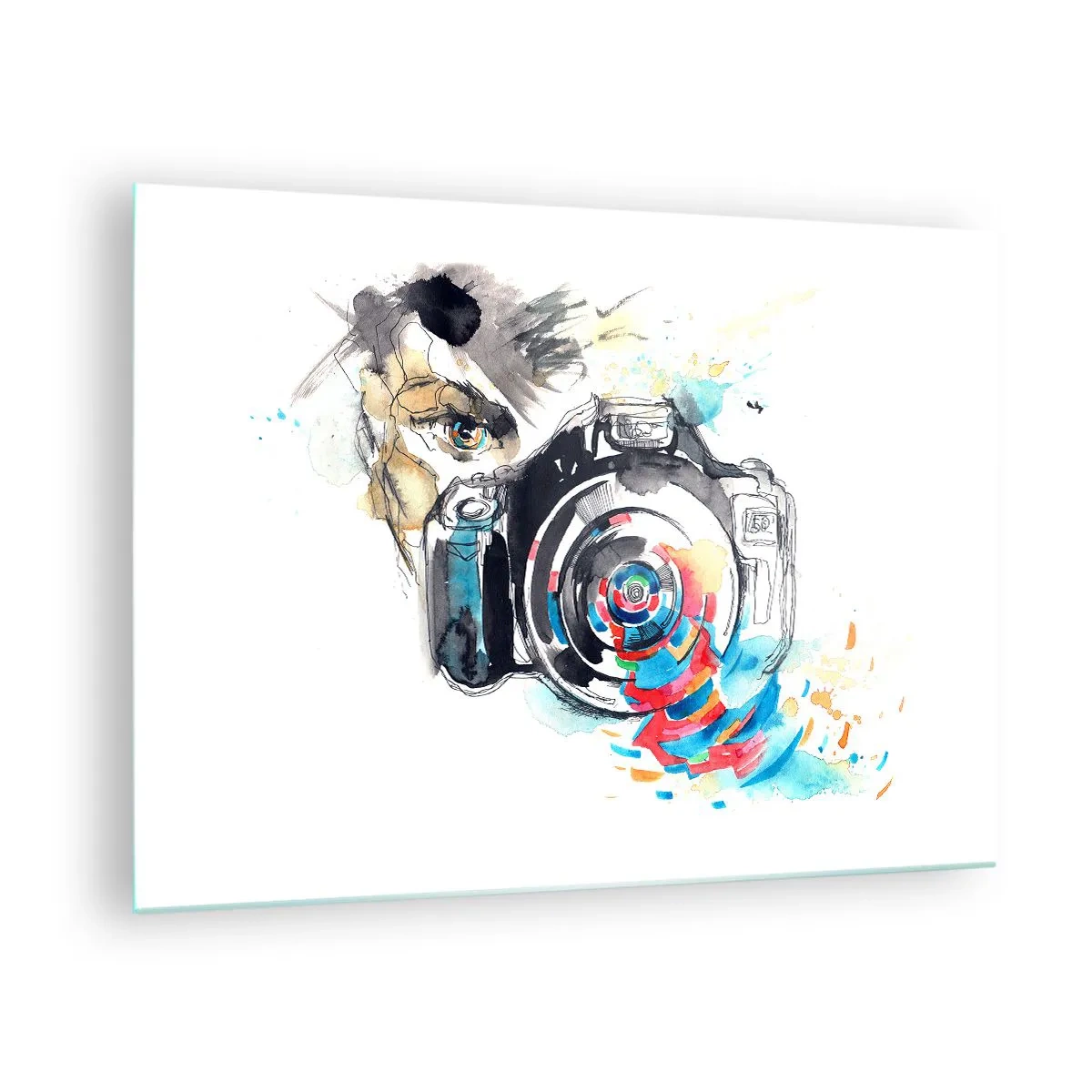 Obraz na szkle - Aparat fotograficzny z abstrakcyjnymi kolorowymi elementami - 70x50cm - W oku obiektywu - Nowoczesna dekoracja ścienna do salonu i sypialni ARTTOR