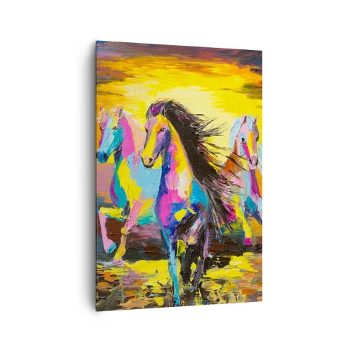 Obraz na płótnie - Kolorowe konie galopujące na tle zachodzącego słońca - 70x100cm - Zanurzone w tęczy - Nowoczesna dekoracja ścienna do salonu i sypialni ARTTOR