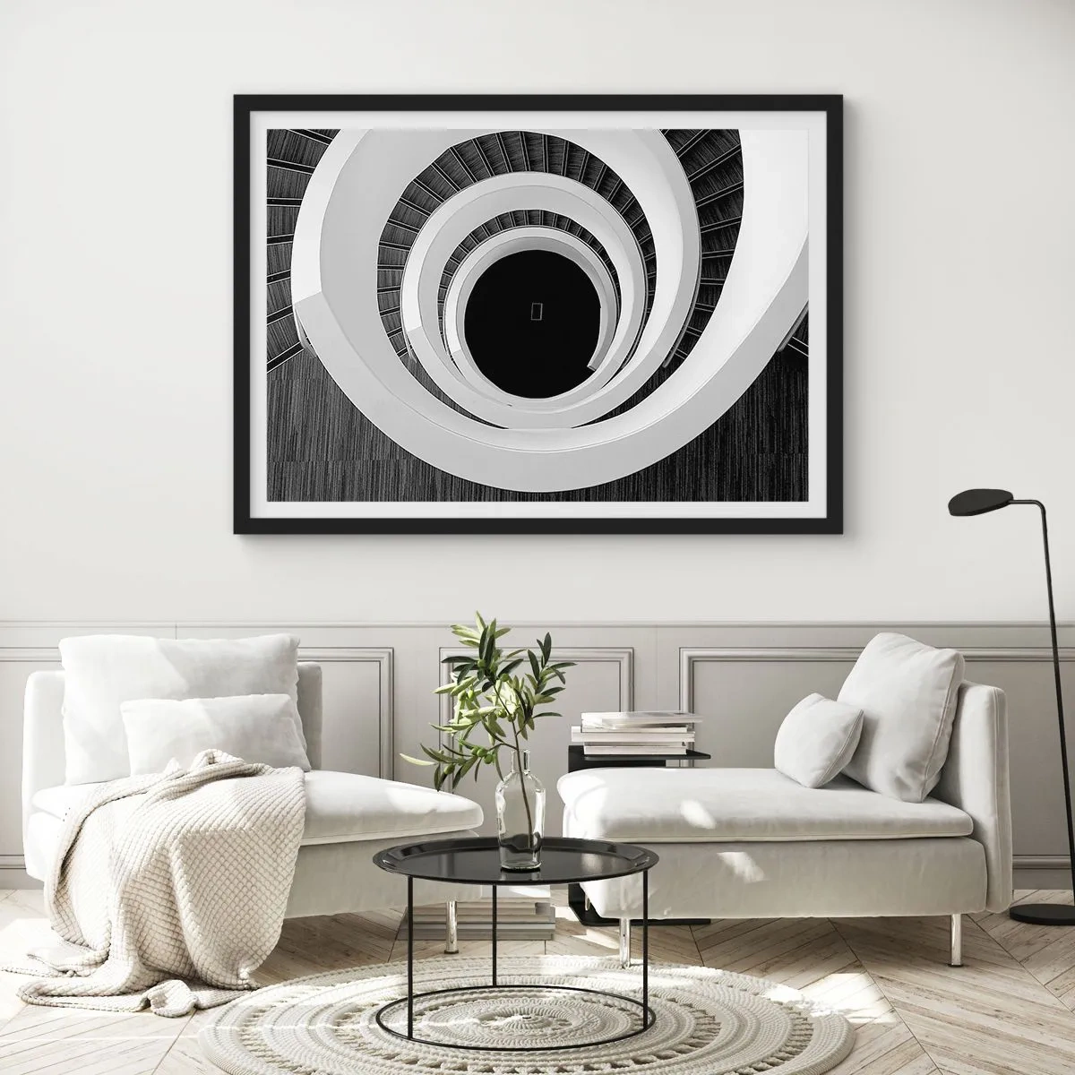 Plakat w czarnej ramie - Czarno-biała spirala schodów w nowoczesnym stylu - 70x50cm - Do istoty rzeczy - Nowoczesna dekoracja ścienna do salonu i sypialni ARTTOR