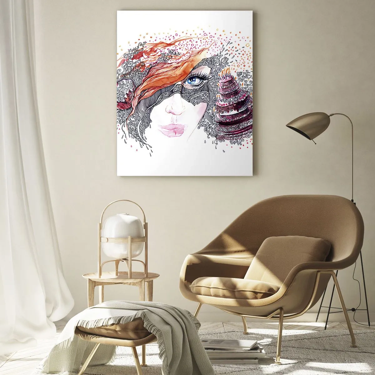 Obraz na szkle - Portret kobiety z dynamicznymi wzorami i czerwonymi akcentami - 50x70cm - Z nią codziennie jest święto - Nowoczesna dekoracja ścienna do salonu, kuchni i sypialni ARTTOR
