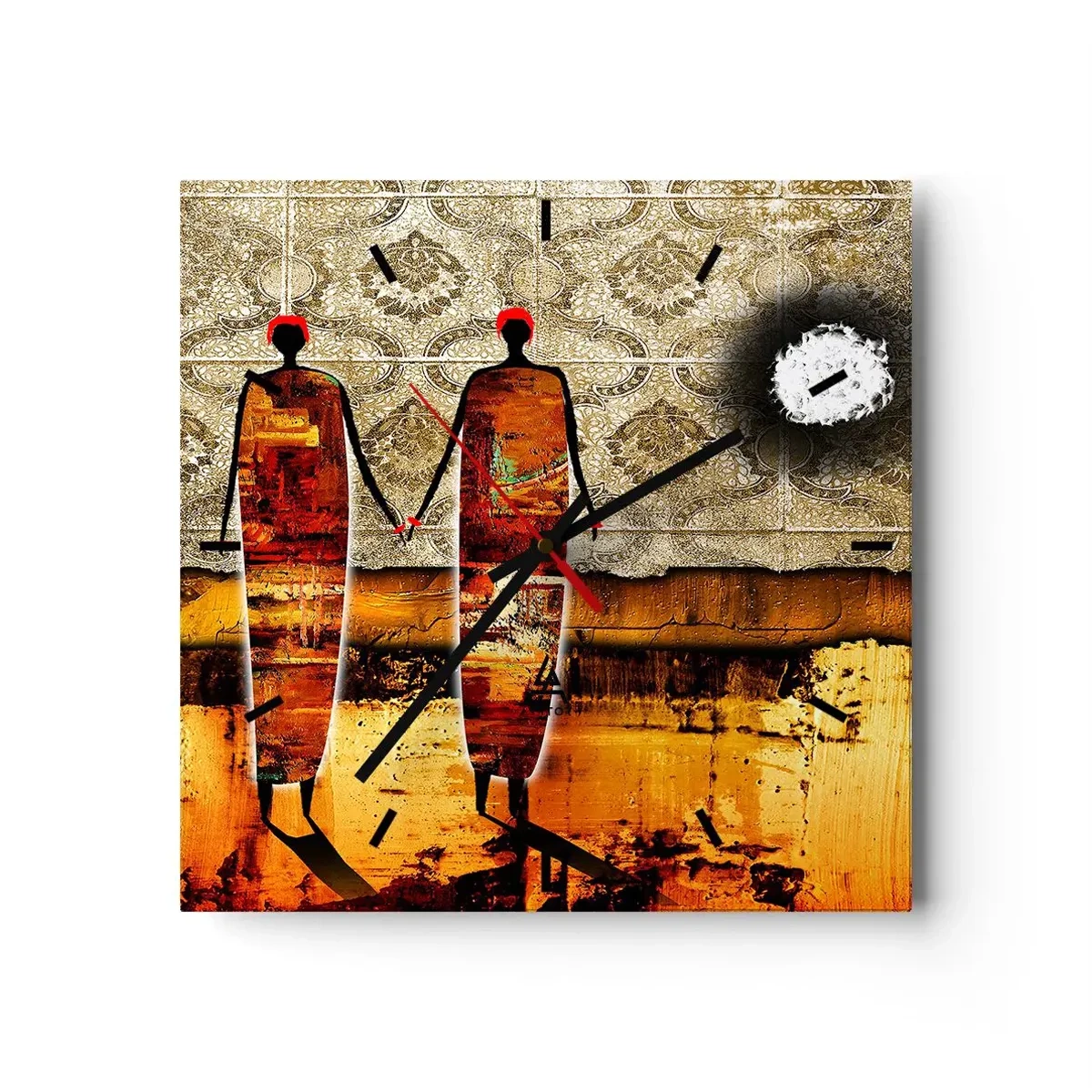 Zegar ścienny - Abstrakcyjna para postaci na tle złotych wzorów i krajobrazu - 30x30cm - Kompozycja etniczna w kolorach Afryki - Nowoczesna dekoracja ścienna do salonu i sypialni ARTTOR