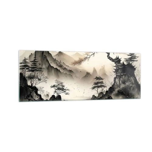 Obraz na szkle - Orientalny krajobraz z górami i pagodą w delikatnych odcieniach - 140x50cm - Niepowtarzalny urok orientu - Nowoczesna dekoracja ścienna do salonu i sypialni ARTTOR