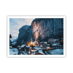 Plakat - Malownicza zimowa wioska otoczona górami - 100x70cm - Świetlisty duch zimy - Nowoczesna dekoracja ścienna do salonu i sypialni ARTTOR