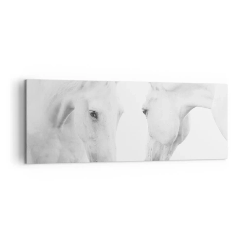 Obraz na płótnie - Minimalistyczny portret dwóch białych koni - 140x50cm - Czy to jest przyjaźń…? - Nowoczesna dekoracja ścienna do salonu i sypialni ARTTOR