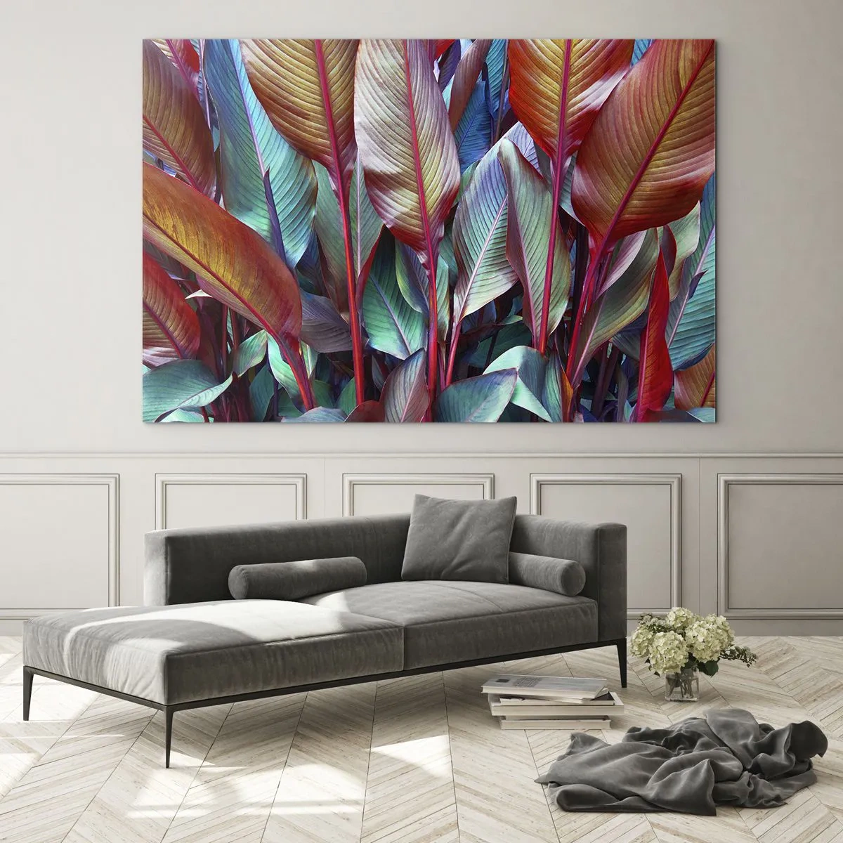 Obraz na szkle - Barwny gąszcz liści w odcieniach czerwieni, zieleni i fioletu - 120x80cm - Kolorowy gąszcz - Nowoczesna dekoracja ścienna do salonu, kuchni i sypialni ARTTOR