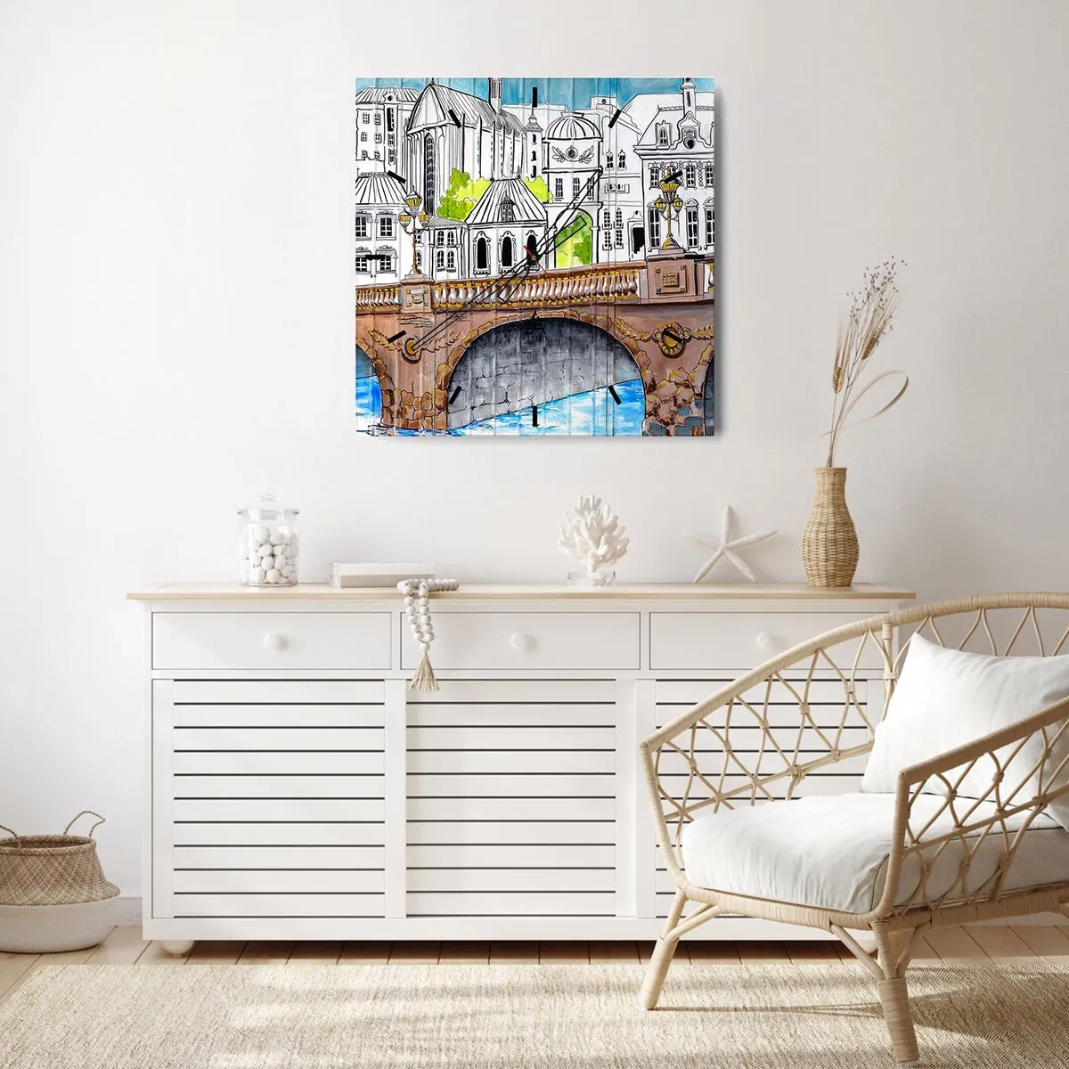 Zegar ścienny - Rysunek mostu i zabytkowej architektury miejskiej - 30x30cm - Miasto jak malowane - Nowoczesna dekoracja ścienna do salonu i sypialni ARTTOR