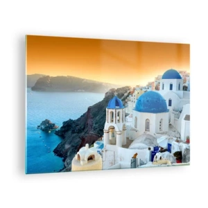 Obraz na szkle - Widok na Santorini z błękitnymi kopułami i klifem - 70x50cm - Santorini - przytulone do skał - Nowoczesna dekoracja ścienna do salonu i sypialni ARTTOR
