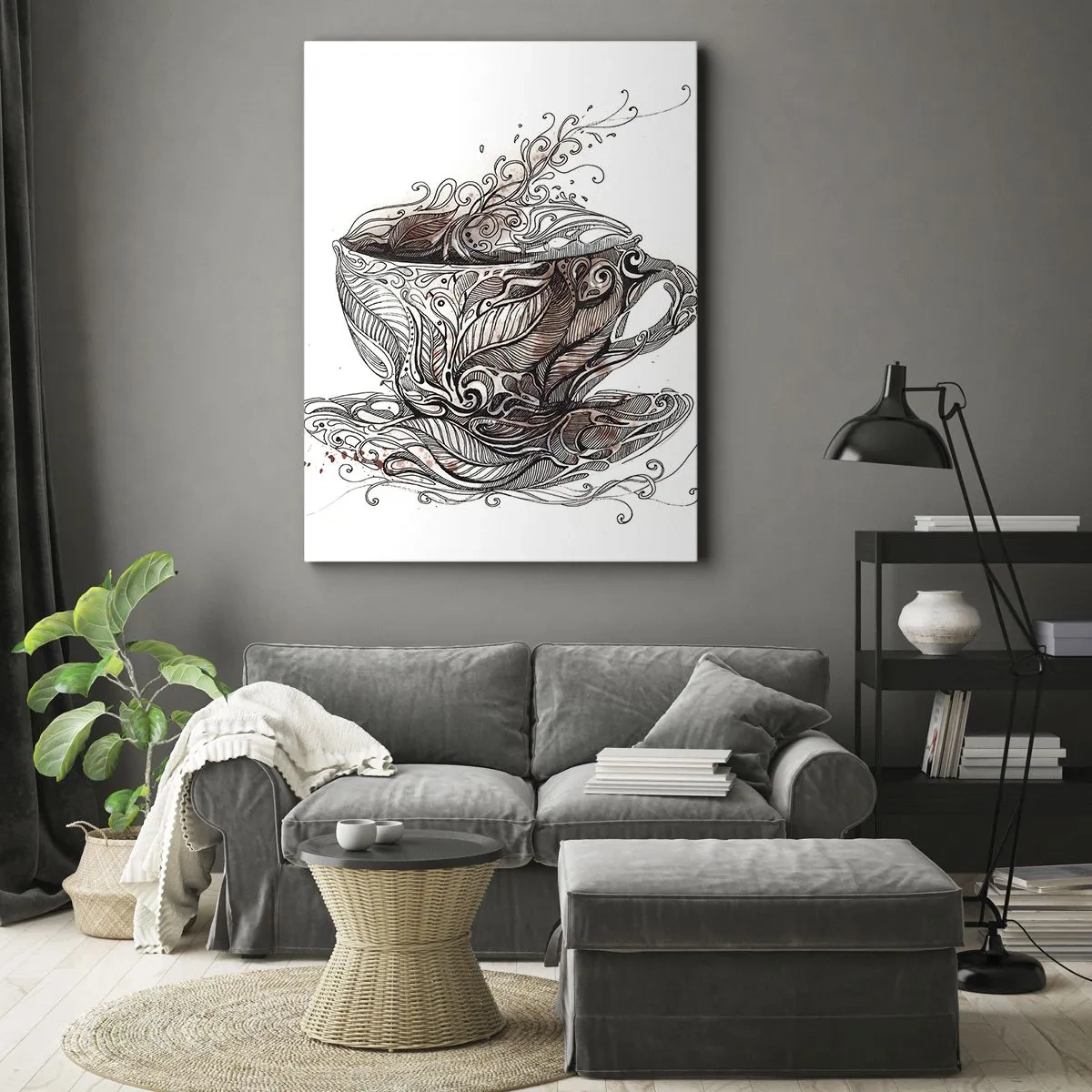 Obraz na płótnie - Dekoracyjna filiżanka z kawą o artystycznym wzorze - 70x100cm - Herbata dobra na wszystko - Nowoczesna dekoracja ścienna do salonu i sypialni ARTTOR