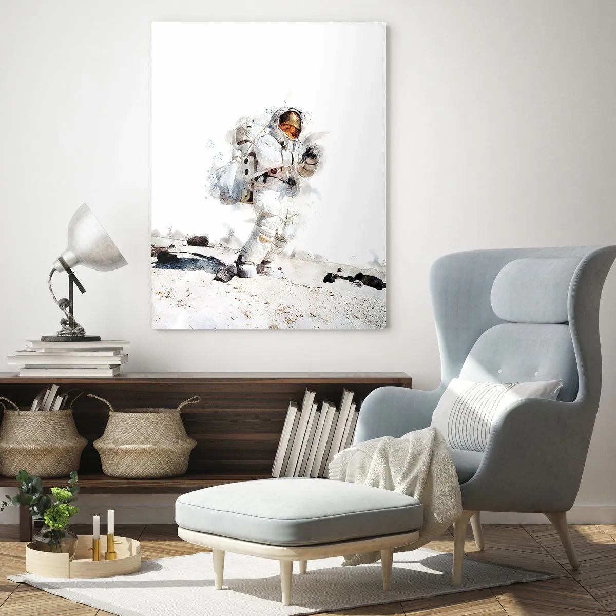 Obraz na szkle - Astronauta na powierzchni Księżyca w białym skafandrze - 80x120cm - Wysłannik Ziemi - Nowoczesna dekoracja ścienna do salonu i sypialni ARTTOR