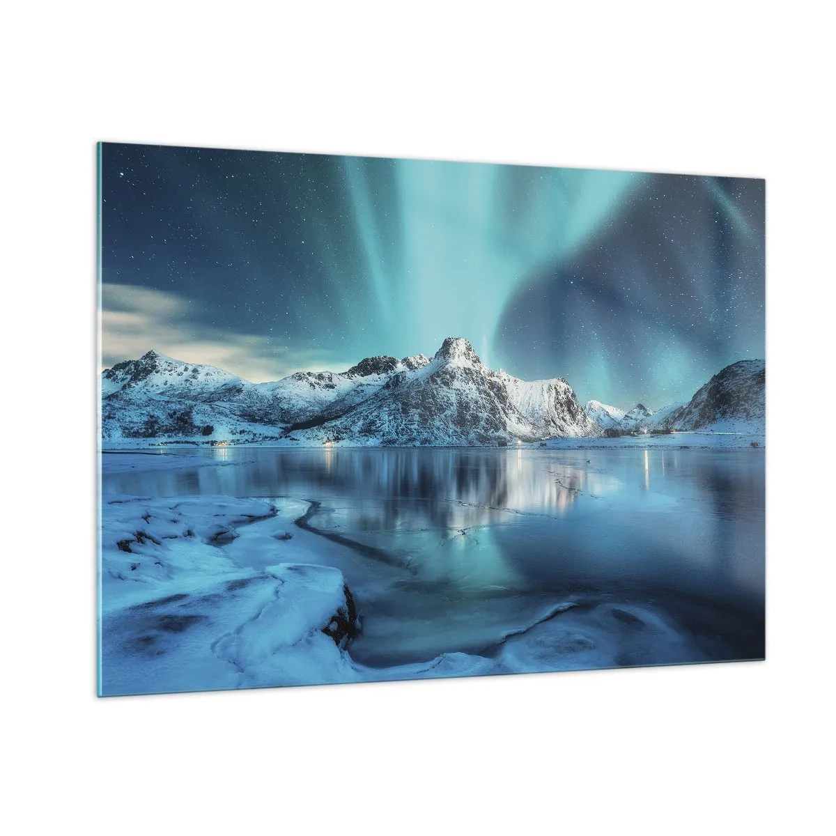 Obraz na szkle - Zorza polarna nad ośnieżonymi górami - 100x70cm - Noc światła - Nowoczesna dekoracja ścienna do salonu, kuchni i sypialni ARTTOR