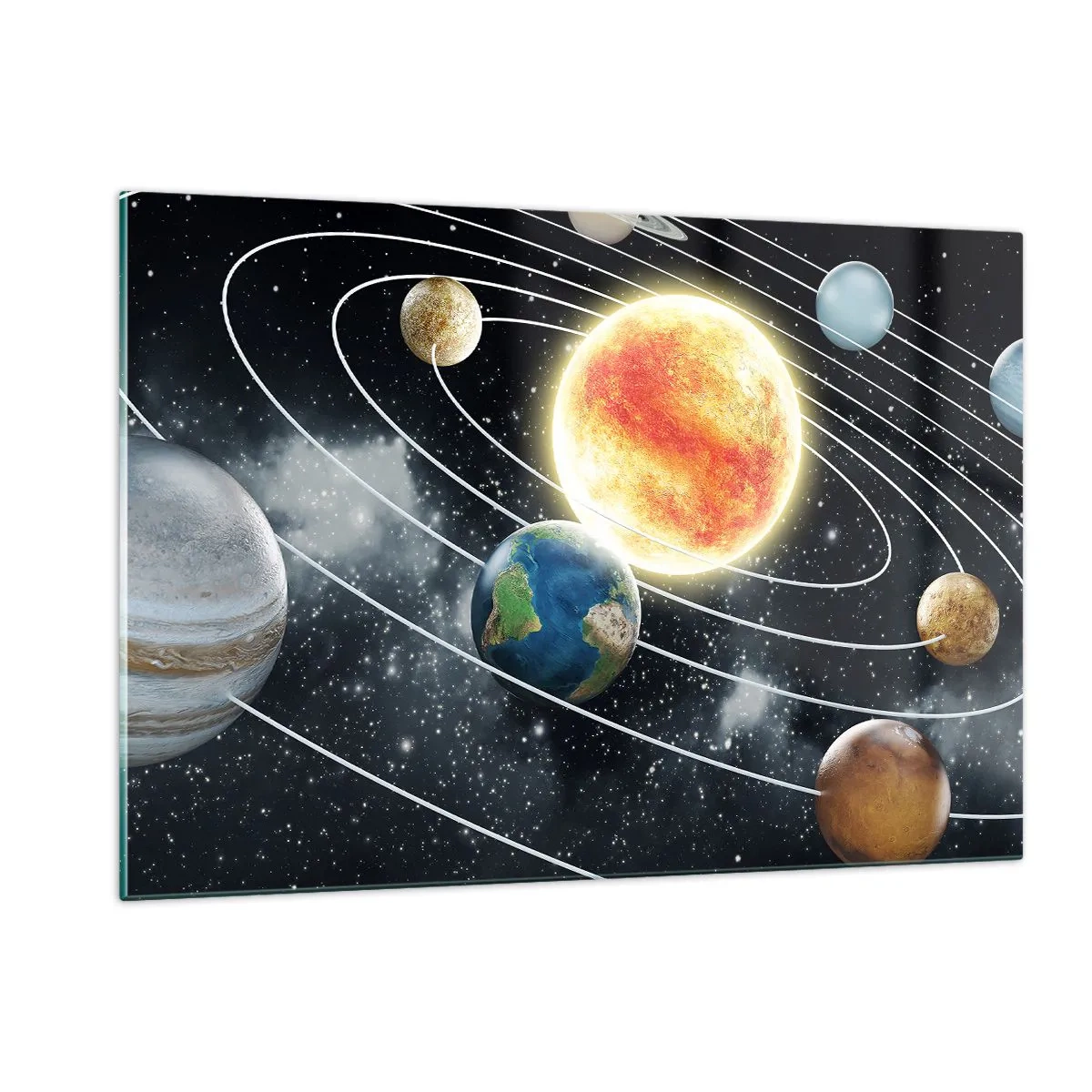 Obraz na szkle - Układ słoneczny z planetami i orbitami na tle kosmosu - 120x80cm - Kosmiczny taniec - Nowoczesna dekoracja ścienna do salonu, kuchni i sypialni ARTTOR