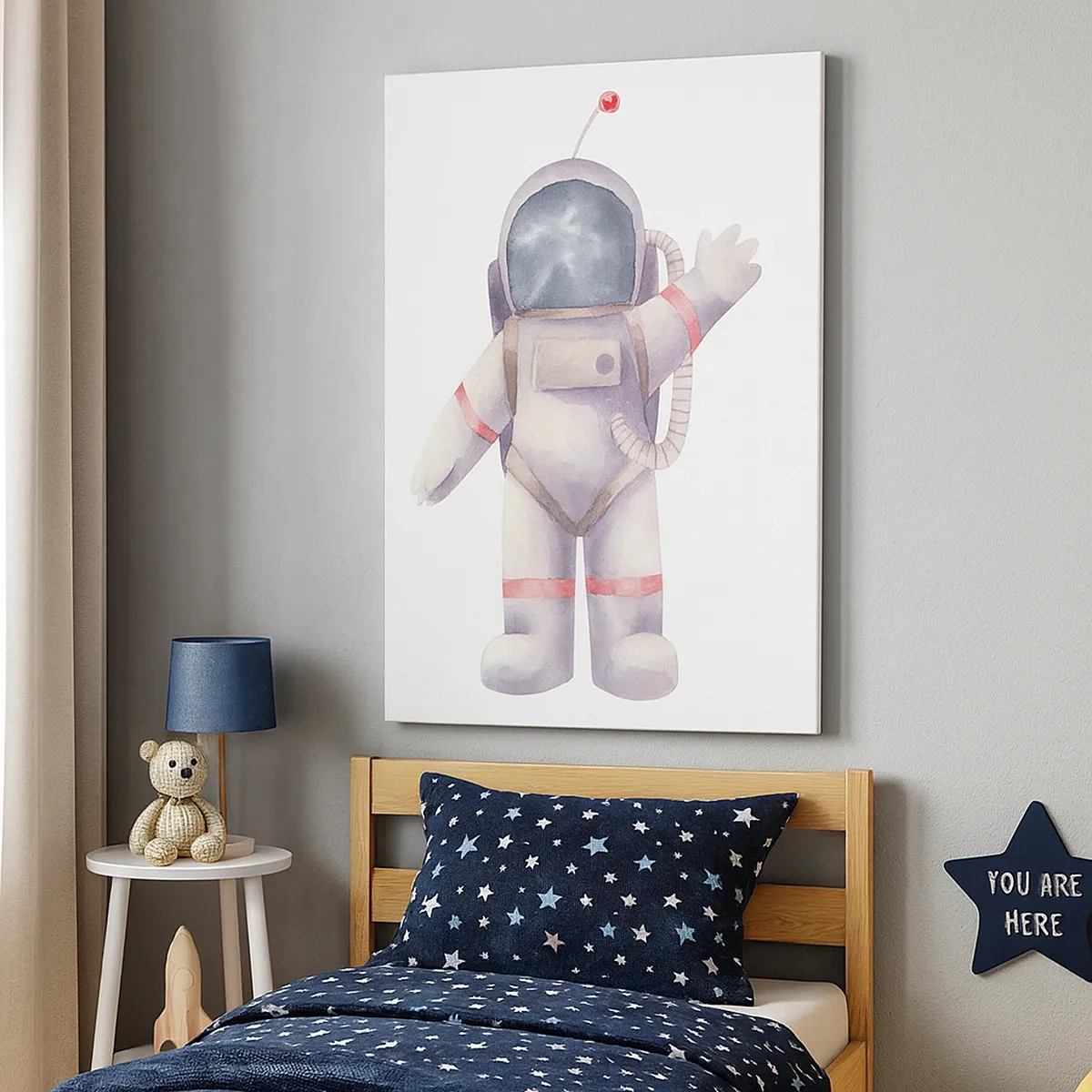 Obraz na płótnie - Akwarelowy astronauta w skafandrze kosmicznym machający ręką - 50x70cm - To na razie! - Nowoczesna dekoracja ścienna do salonu, kuchni i sypialni ARTTOR
