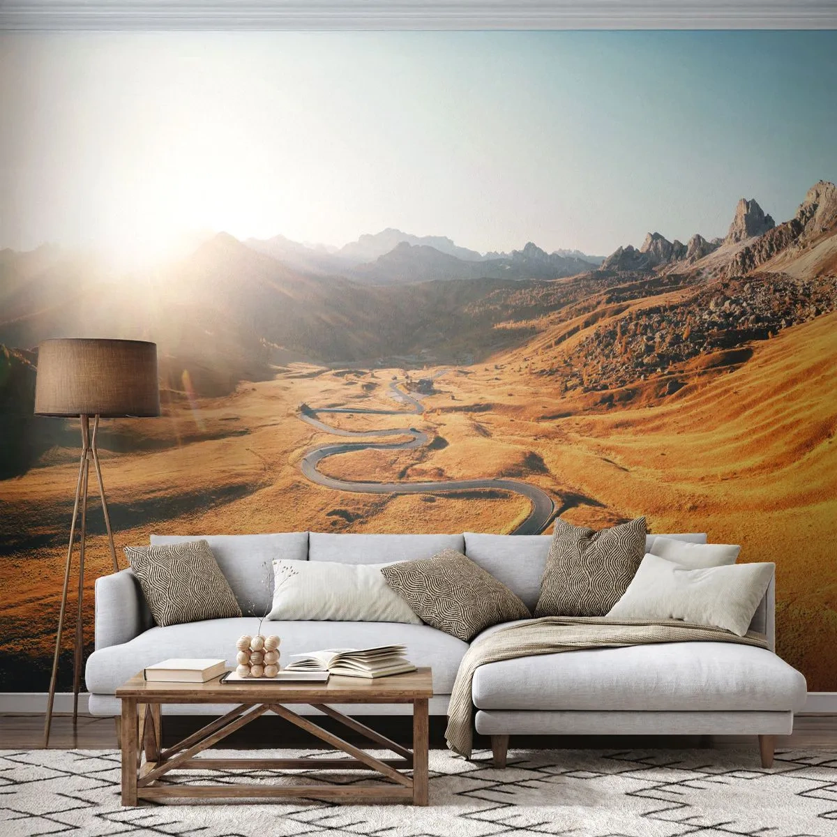 Fototapeta Premium Sand - Kręta droga wśród złotych wzgórz o zachodzie słońca - 100x70cm - W złotej dolinie - Nowoczesna dekoracja ścienna do salonu, kuchni i sypialni ARTTOR