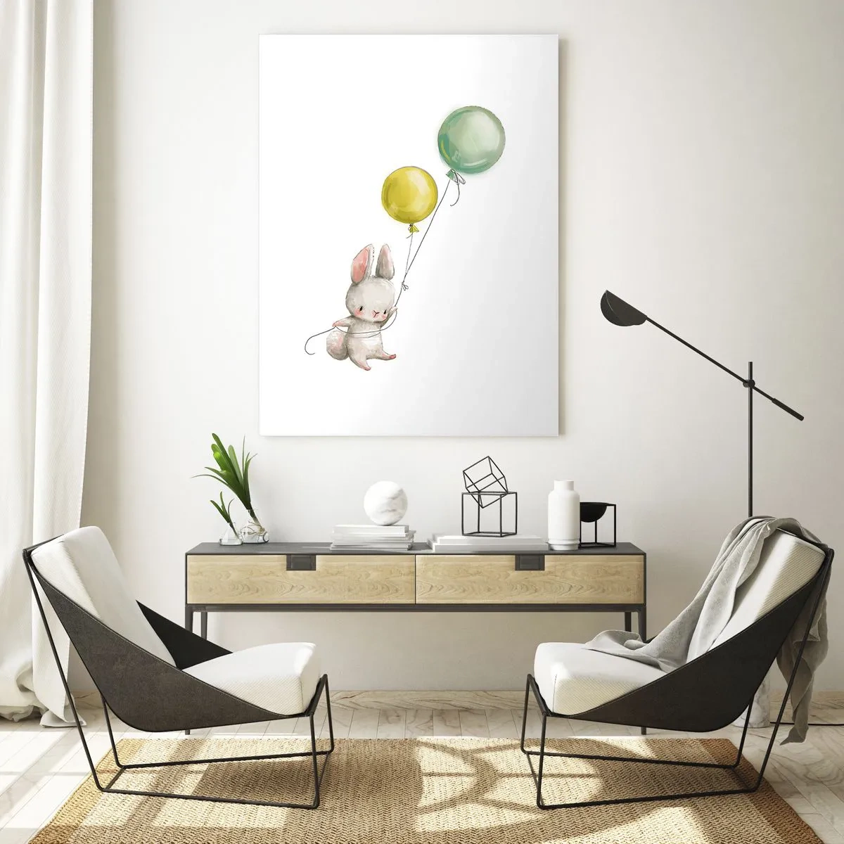 Obraz na szkle - Królik trzymający balony w pastelowych odcieniach - 70x100cm - Też polecę! - Nowoczesna dekoracja ścienna do salonu i sypialni ARTTOR