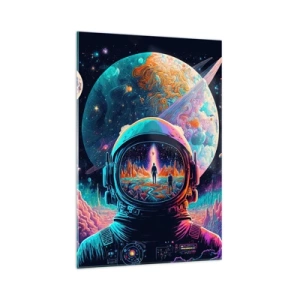 Obraz na szkle - Astronauta w kosmosie z kolorowym pejzażem planetarnym - 70x100cm - Filozofom się nie śniło - Nowoczesna dekoracja ścienna do salonu i sypialni ARTTOR